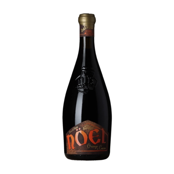 En flaske Baladin Noël Orange & Cacao på en hvid baggrund