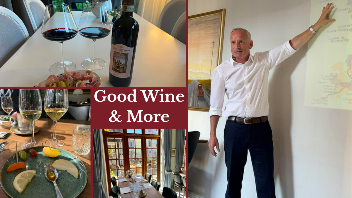 En kollage af billeder fra Good Wine and More begivenheder, med Keld (ejeren)