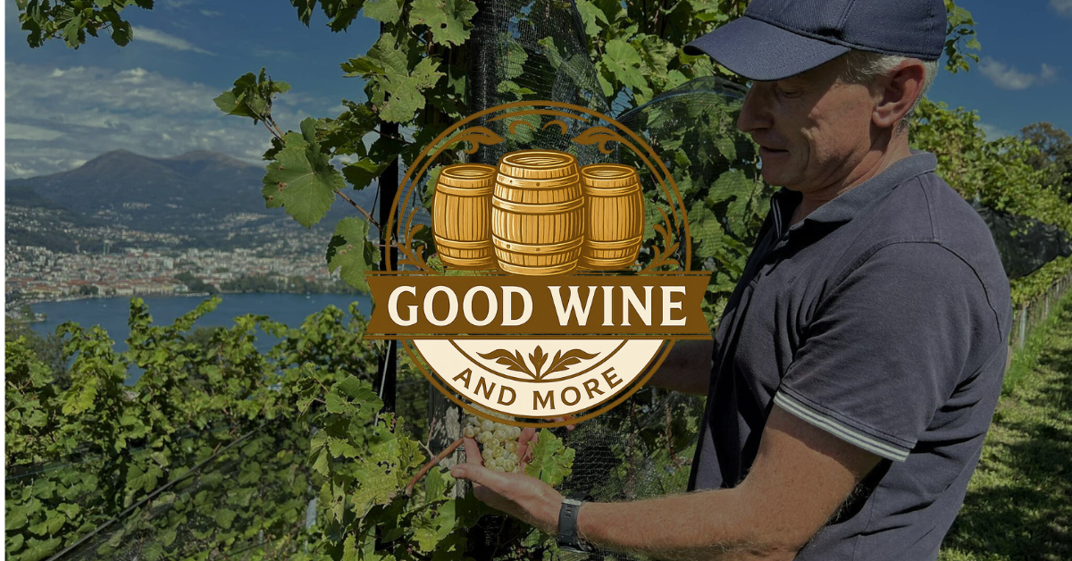 Logo for goodwineandmore, på en mørklagt baggrund af Keld (ejeren) der kigger på druer