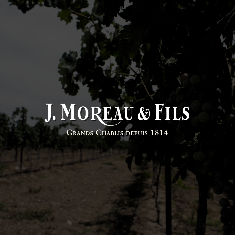 A logo of J. Moreau & Fils, on a blackened picture of a wine field