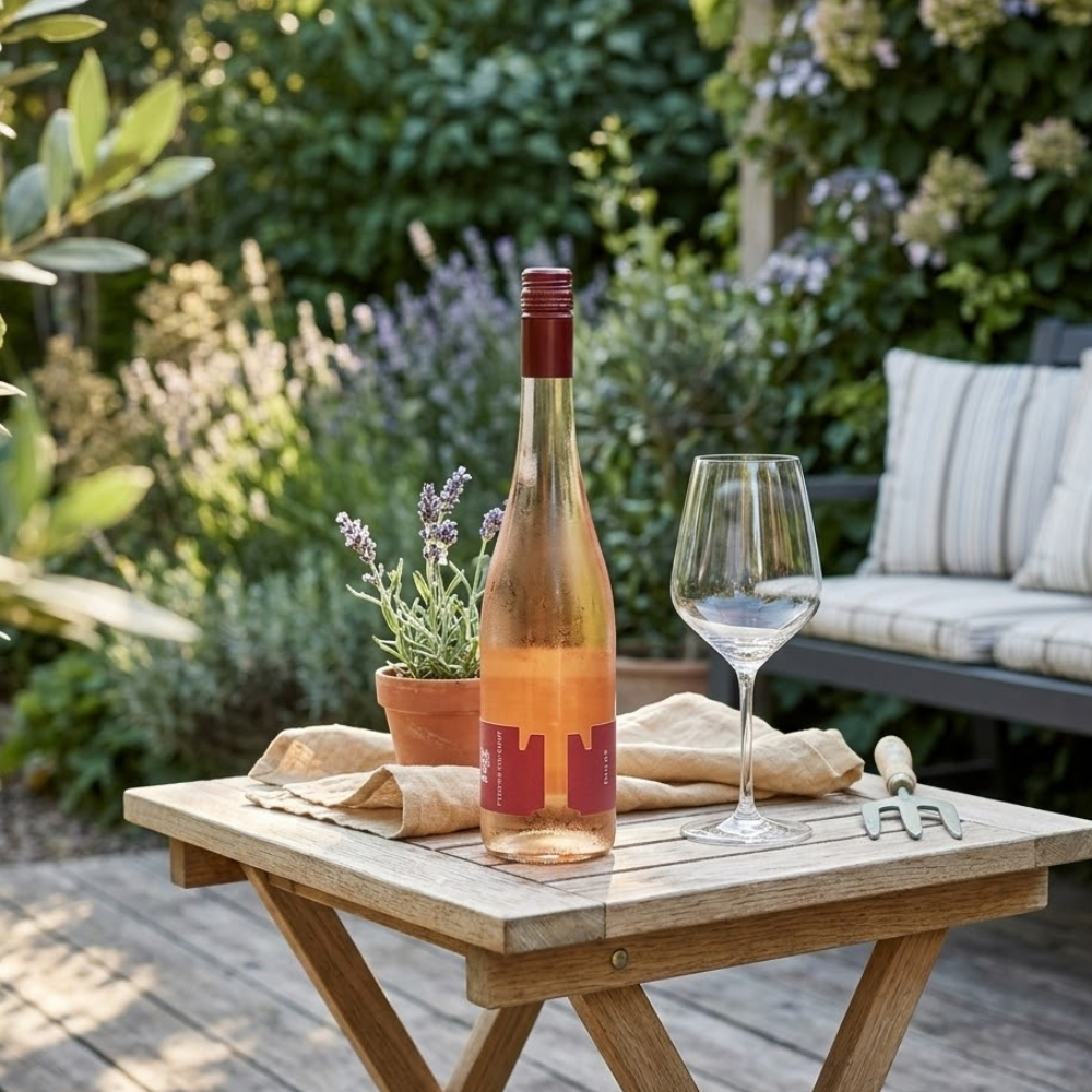 Et billede af en flaske Tegernseerhof Rosé som står på et terassebord omgivet af natur og sommer