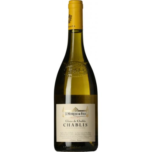 Bottle of Chablis wine with a yellow label on a white background