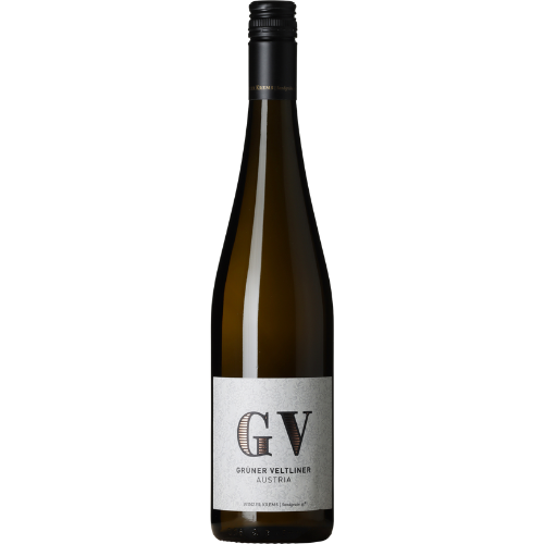 Gruner Veltliner wine bottle with 'GV' label on a white background