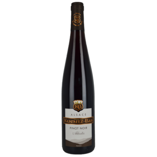 A bottle of Pinot Noir from Kuentz-Bas on a white background