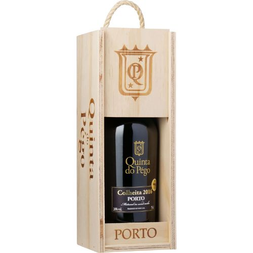Quinta do Pego Porto wine bottle in a wooden box on a white background