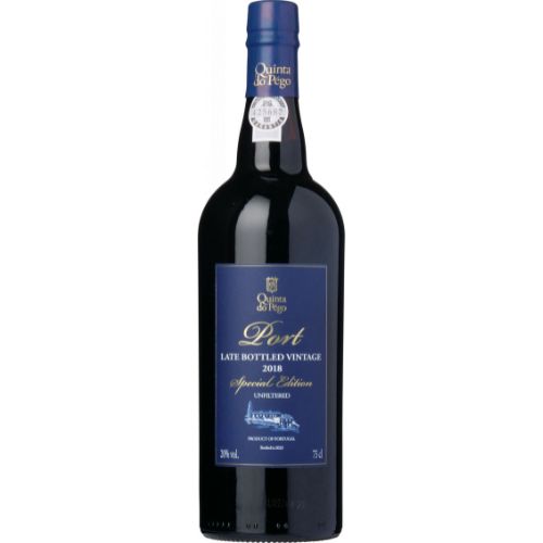 Port wine bottle with blue label on a white background