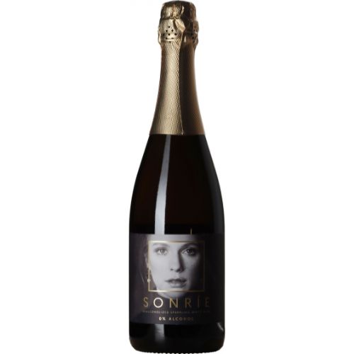 Bottle of Sonrie sparkling wine with a woman's face on the label against a white background