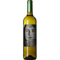 Wine bottle with a label featuring a face on a white background