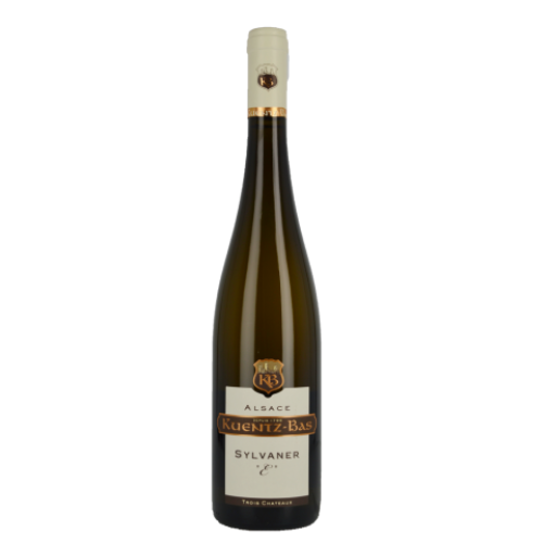 A bottle of white wine from Kuentz-Bas on a white background