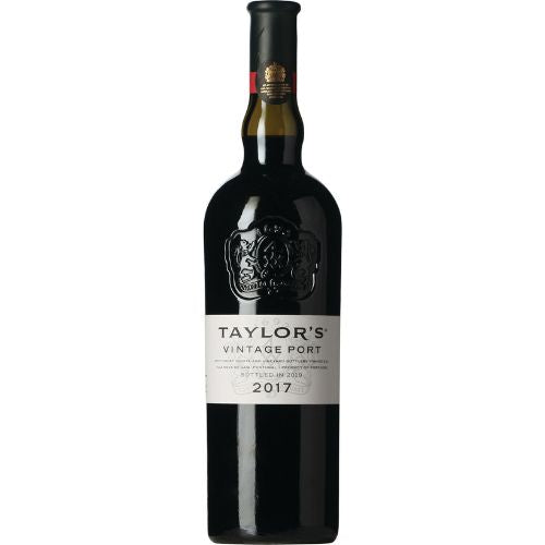 Bottle of Taylor's Vintage Port wine on a white background