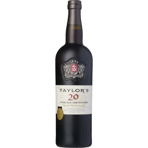 Taylor's 20-year-old Tawny Port wine bottle on a white background