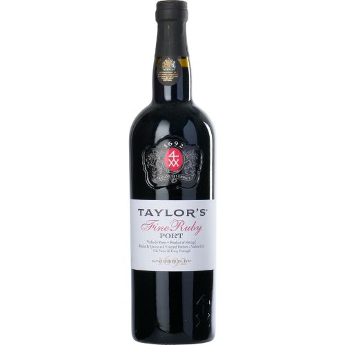 Taylor's Fine Ruby Port wine bottle on a white background