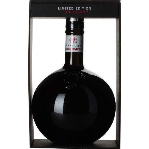 Black round bottle with a label in a black box, featuring 'Taylor's' branding.