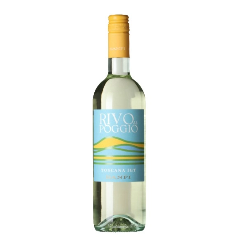 en flaske Banfi Rivo al Poggio Bianco på en hvid baggrund