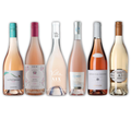 Seks flasker rosévin fra Vores Eksklusive Roséfavoritter på en hvid baggrund