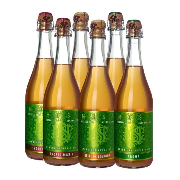 Alkoholfri mousserende æblemost i tre varianter fra Cold Hand Winery på en hvid baggrund.