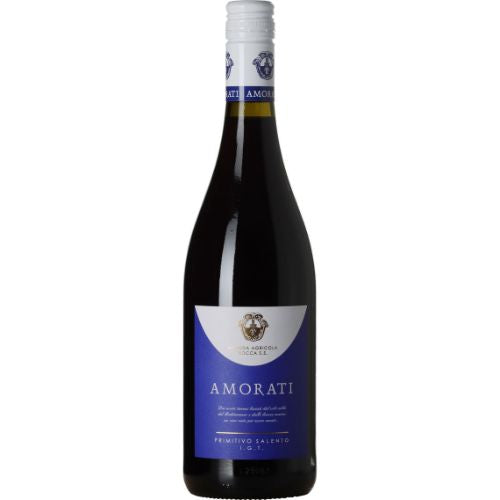 Amorati Primitivo 2023 wine bottle on a white background