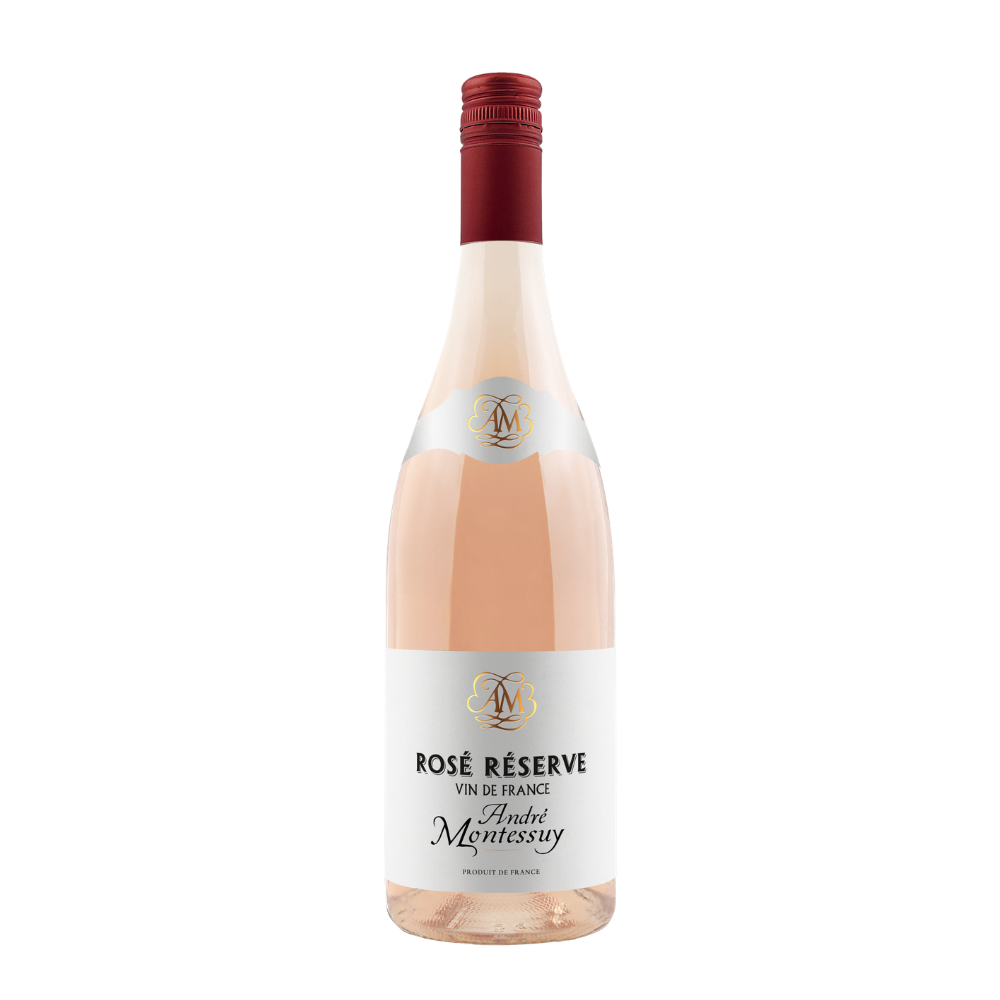 En flaske André Montessuy Rosé Réserve på en hvid baggrund