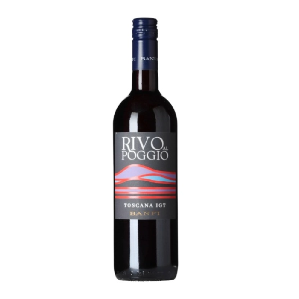 en flaske Banfi Rivo al Poggio Rosso på en hvid baggrund
