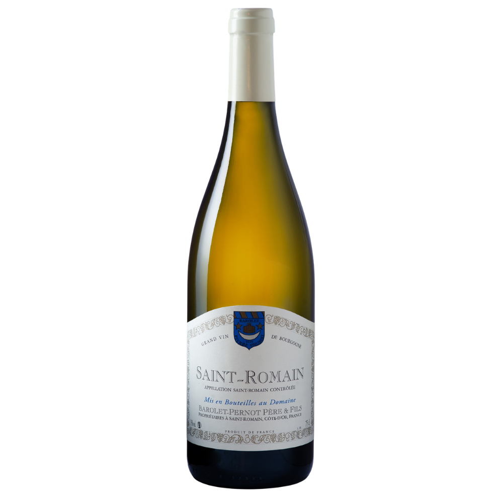 En flaske Barolet-Pernot Saint-Romain Blanc 2023 på en hvid baggrund