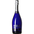 Blue Prosecco bottle with silver cap on a white background