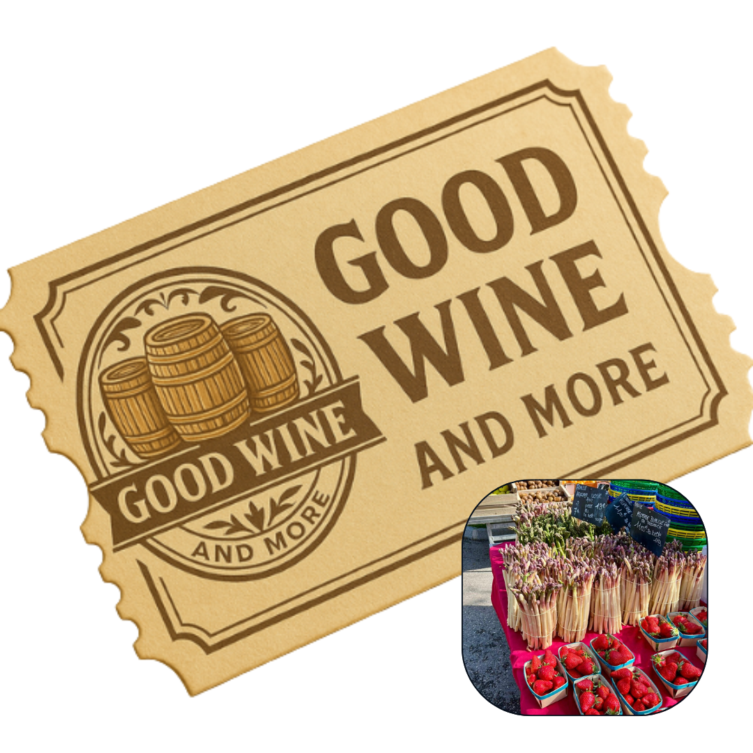 En billet med good wine and more logo på, samt et billede af en skål jordbær på hvid baggrund