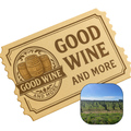 En billet med good wine and more logo på, samt et billede af en vinmark på en hvid baggrund