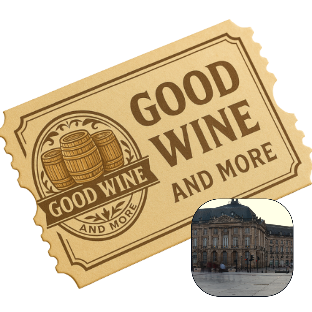 En billet med good wine and more logo på, samt et billede af et slot i Bordeaux på hvid baggrund