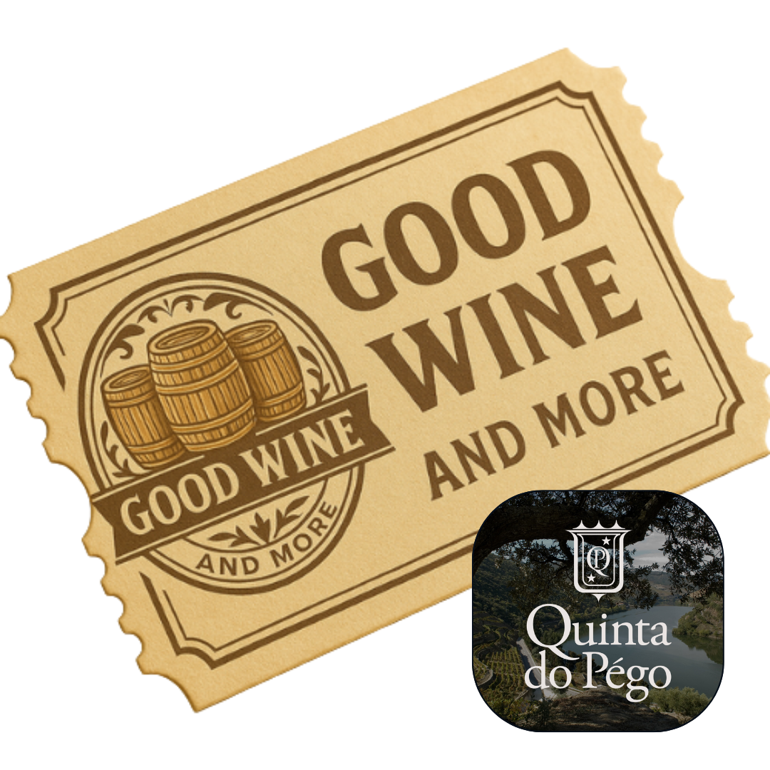 En billet med good wine and more logo på, samt et billede af Quinta Do Pegos logo på hvid baggrund