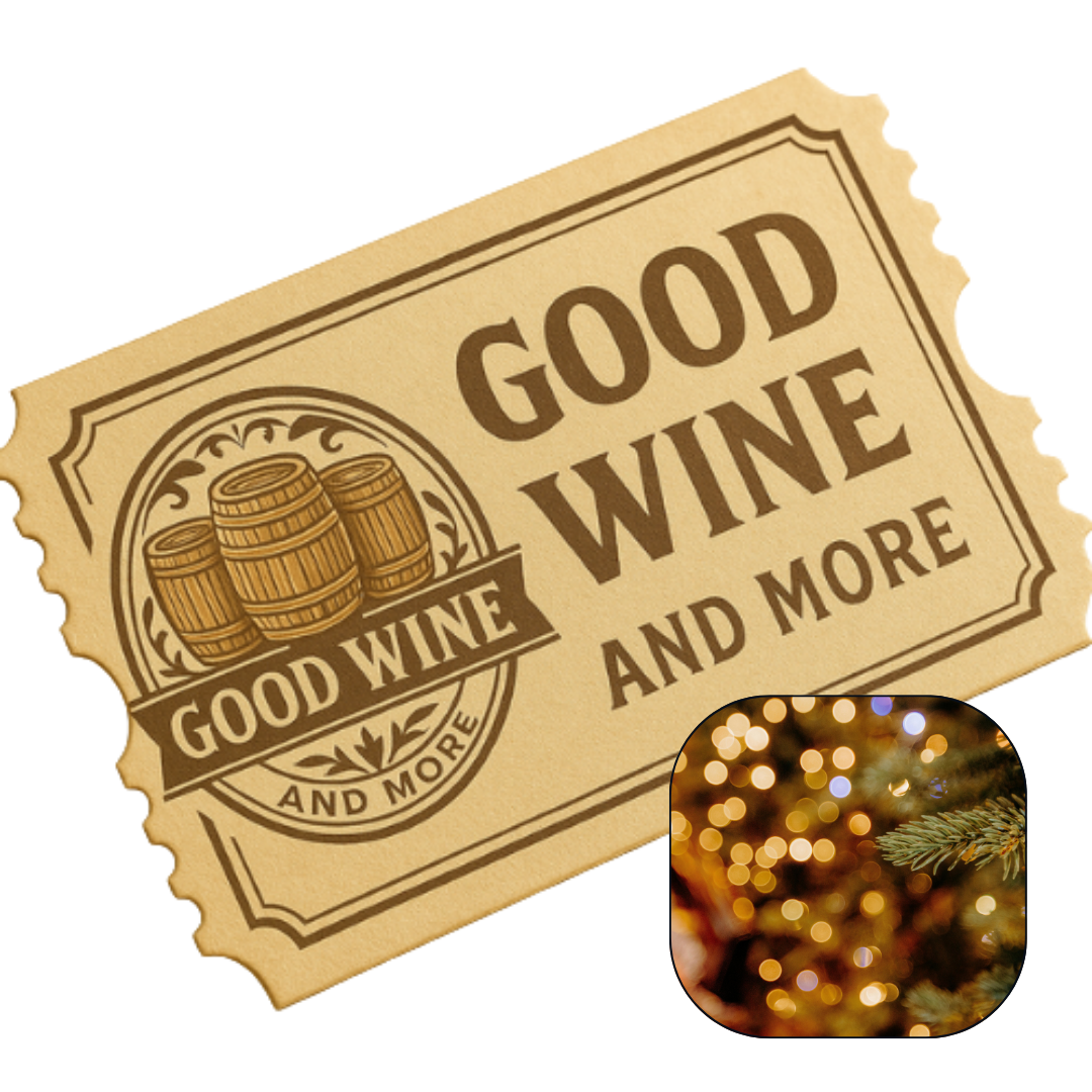 En billet med good wine and more logo på, samt et billede af julelys på hvid baggrund