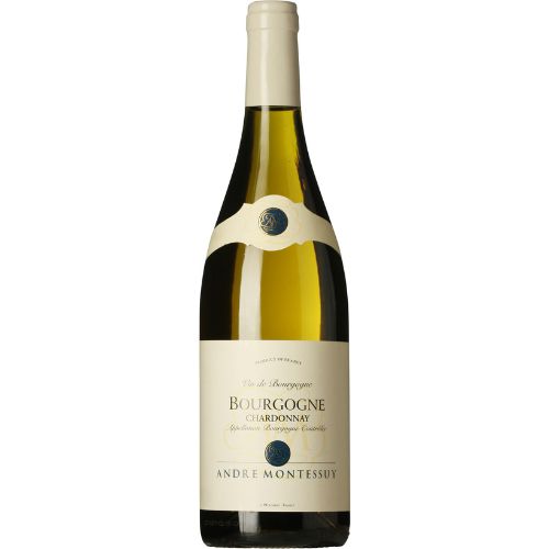 Bottle of Bourgogne Chardonnay wine by Andre Montessuy on a white background