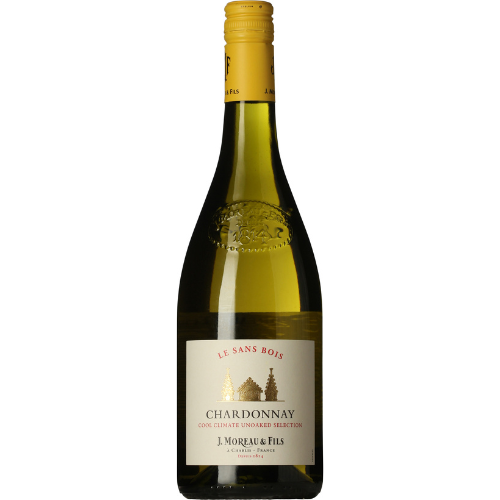Chardonnay Le Sans Bois wine bottle on a white background