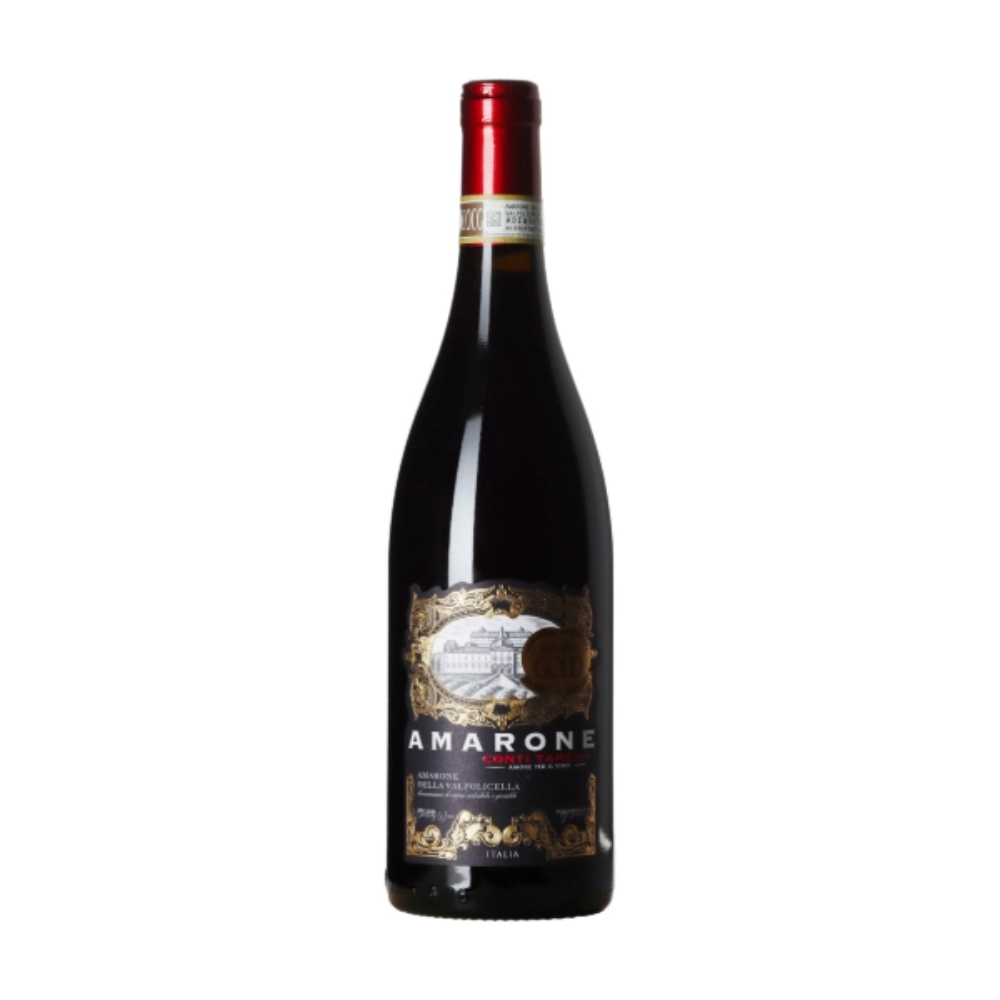 En flaske Conti Tamero Amarone della Valpolicella DOCG på en hvid baggrund