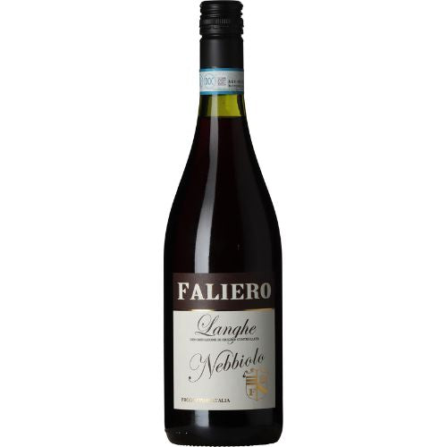 Faliero Langhe Nebbiolo wine bottle on a white background