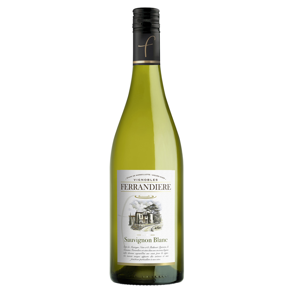 En flaske Ferrandière Sauvignon Blanc på en hvid baggrund