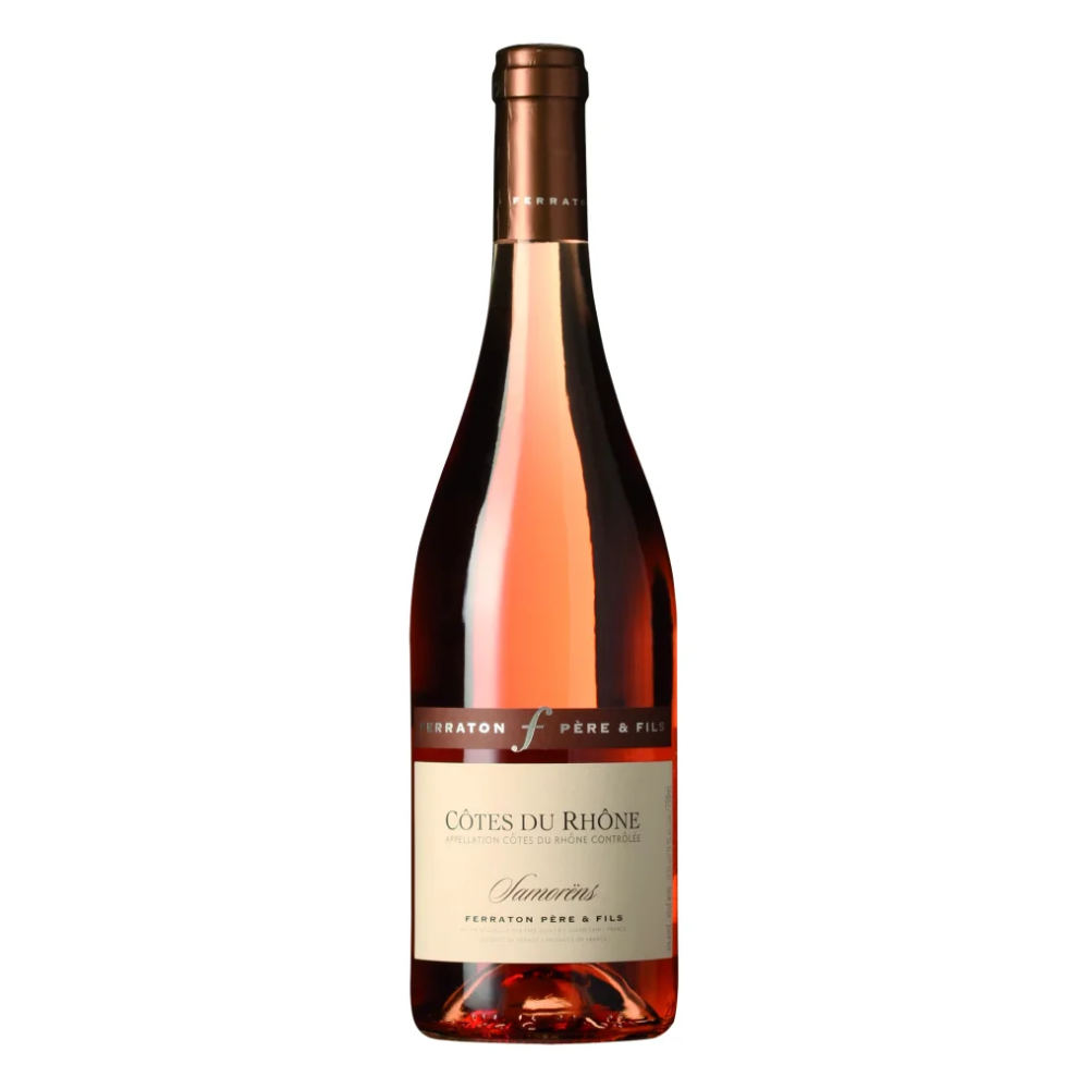 En flaske Ferraton Cotes-du-Rhone Rose Samorens vin på en hvid baggrund