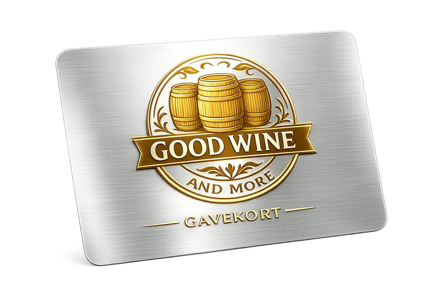 Et metallisk kort der indeholder good wine and more logo
