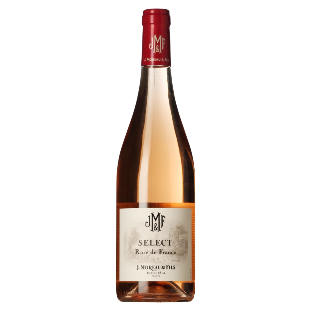 En flaske J. Moreau & Fils Select Rose de France vin på en hvid baggrund