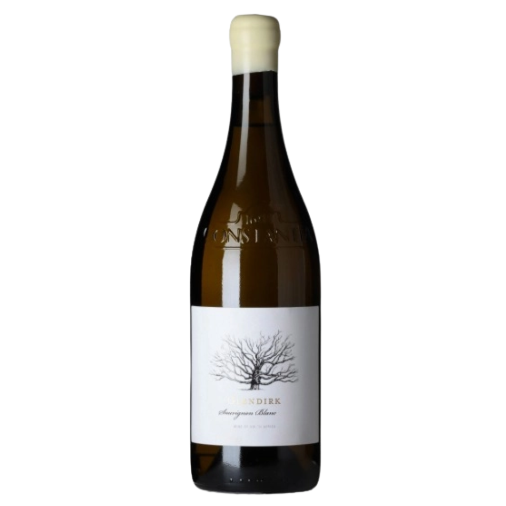En flaske Klein Constantia Glendirk Sauvignon Blanc vin på en hvid baggrund