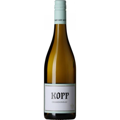 Bottle of Kopp Chardonnay wine on a white background
