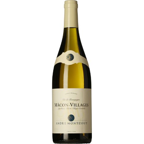 Wine bottle labeled 'Mâcon-Villages' by Andre Montessuy on a white background
