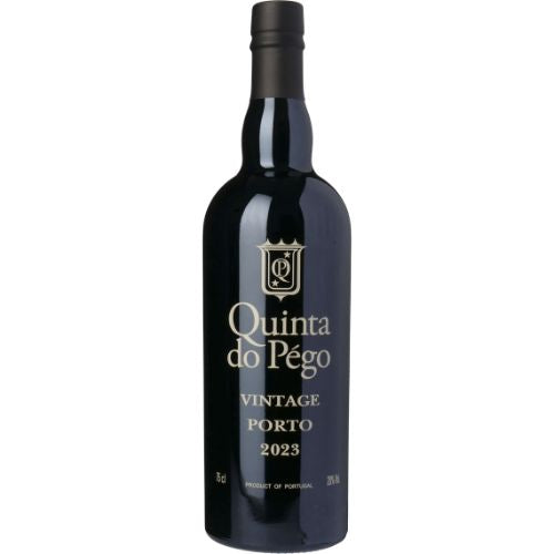 A bottle of quinta do pego port wine on a white background