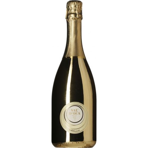 Bottle of Val D'Oca sparkling wine with a gold foil cap on a white background