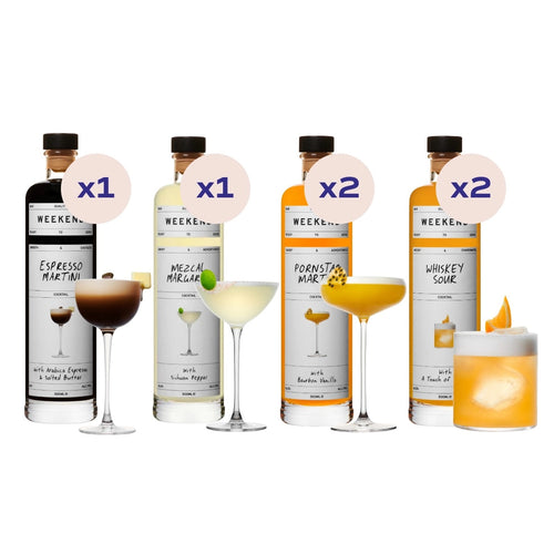 6 flasker cocktail blandinger fra Weekend på en hvid baggrund
