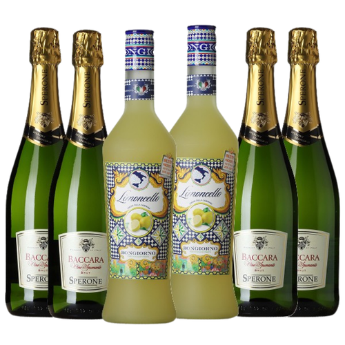 En kasse med flasker til Vores Limoncello Kasse på en hvid baggrund