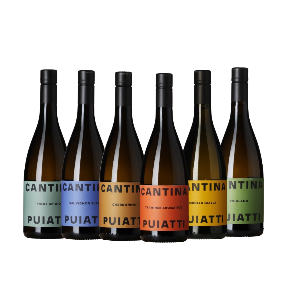 En smagekasse, af 6 flasker puiatti på en hvid baggrund